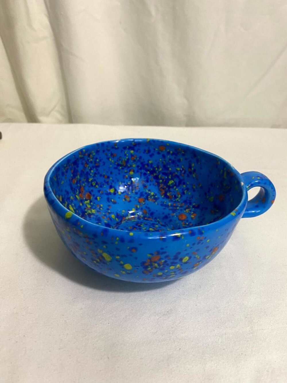 Vintage Blue Speckled Soup Mug Bowl w Handle Ceramic Art Pottery Splatter Glaze